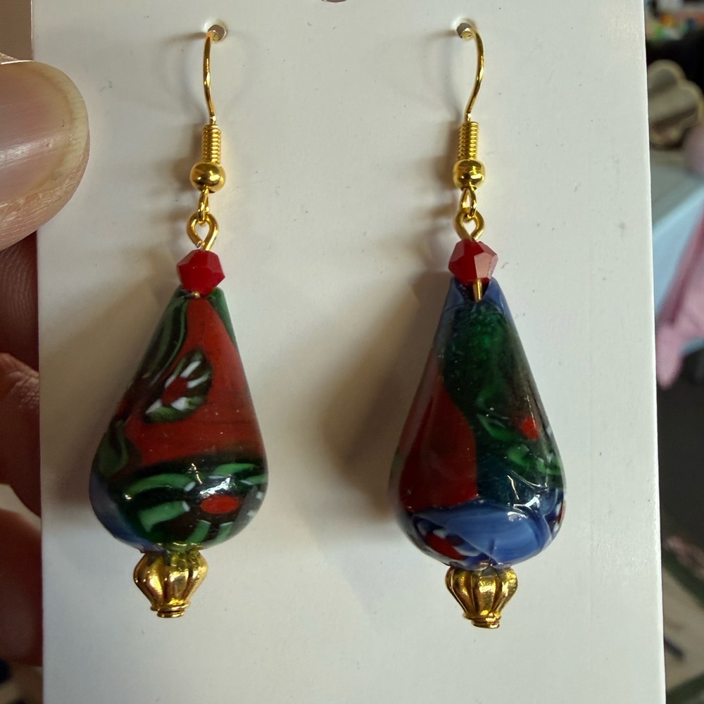 Handmade African Trade Bead Earrings In Red and Green